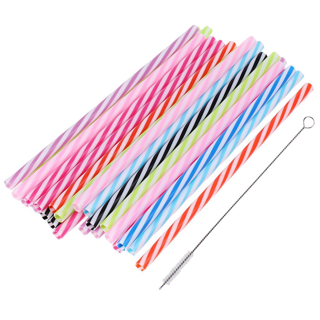 50PCS Reusable Hard Plastic Stripe Jar Straws + Brush Cocktail Drinking Bar