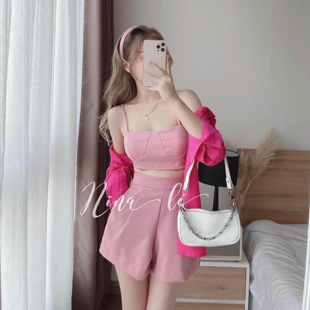 Sét bộ 3 món thời trang nữ áo khoác sơ mi kèm croptop 2 dây, phối quần đùi ống rộng thích hợp cho nàng dạo phố, đi biển