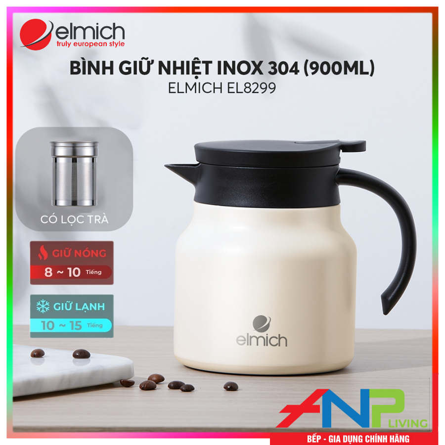 Bình Giữ Nhiệt Gia Đình INOX 304, Tráng bạc Elmich EL-8299 (Mầu Kem, Dung tích 900ml, Có Lưới Lọc Trà, Giữ Nóng 8h - Giữ Lạnh 12h) - Hàng Chính Hãng