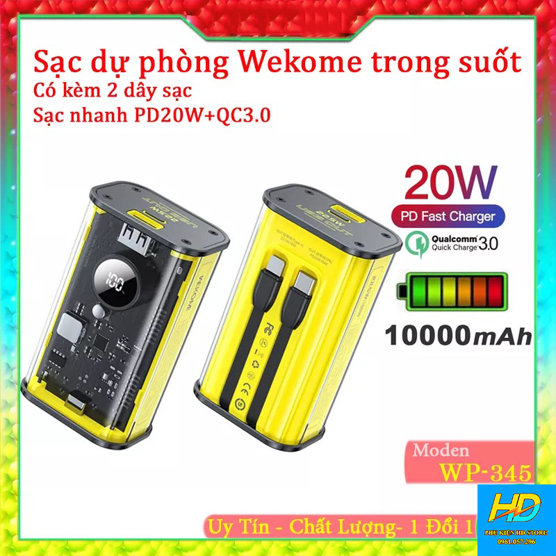 Sạc Dự Phòng Chính Hãng dung lượng 10000mAh WEKOME WP-345 - Thiết Kế Nhỏ Gọn, Trong Suốt, Hỗ Trợ Sạc Nhanh Lên Đến 22,5W - Hàng Chính Hãng