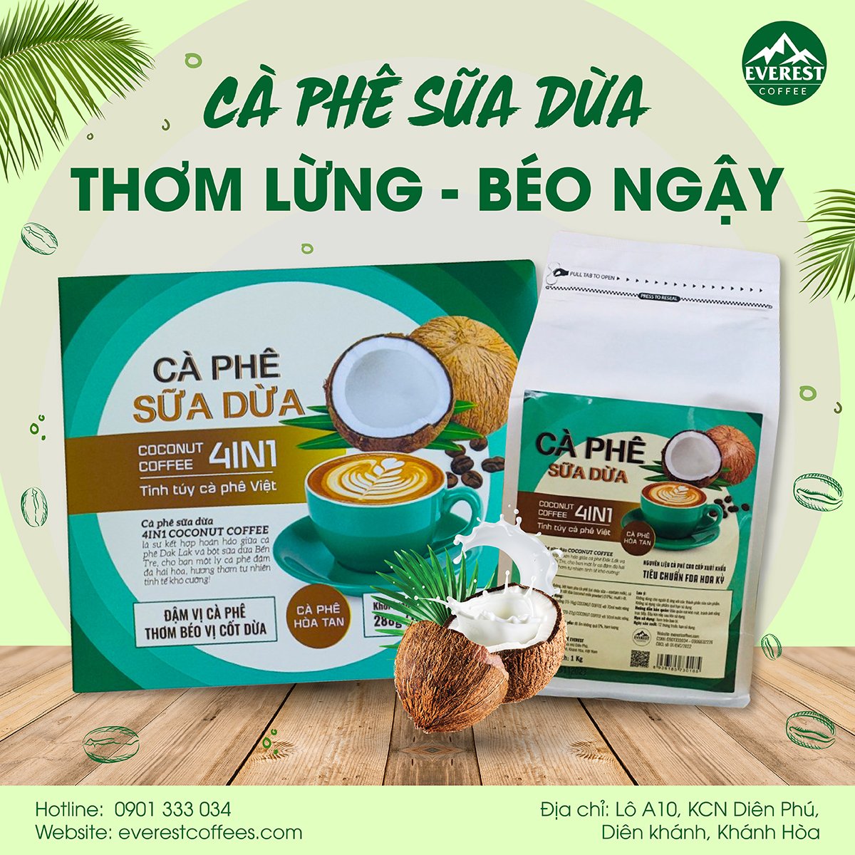 (Hộp 18 gói) Cà Phê Sữa Dừa 4in1 EVEREST COFFEES .Tiêu Chuẩn FDA Hoa Kỳ. Hàng Việt Nam Chất Lượng Xuất Khẩu Mỹ