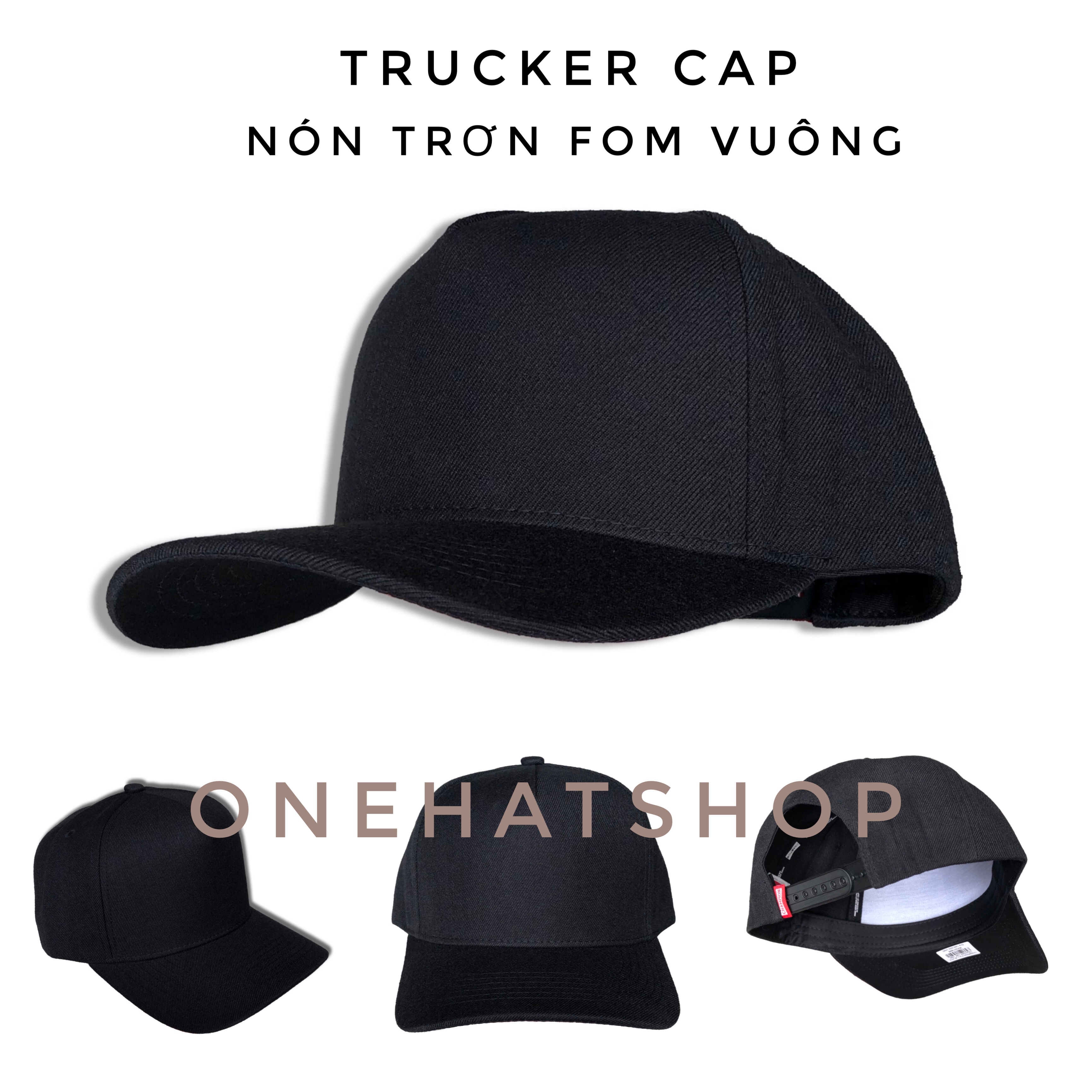 Nón Lưỡi Trai Vành Cong fom Trucker trơn đen full vải quai cài nút Brand One Hat