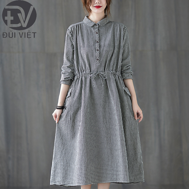 Đầm sơ mi caro Tay dài Thiết kế Thắt eo Phong Cách Hàn Quốc Thời trang nữ Đũi Việt Da187