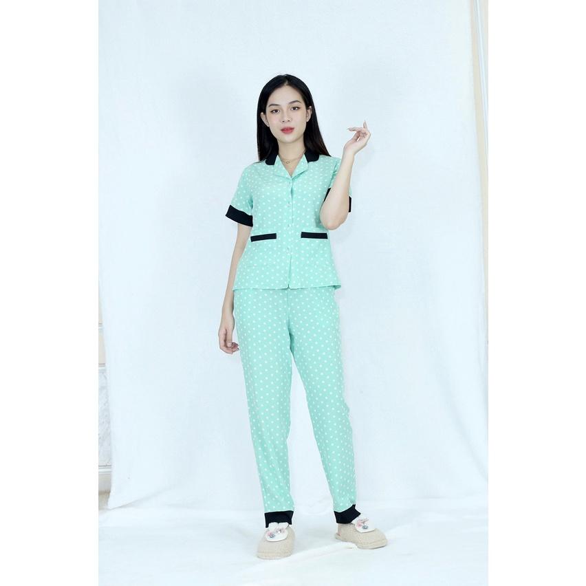 Bộ đồ bộ Pijama CHẤM BI XANH NGỌC PHA CỔ CỰC XINH vải siêu lụa