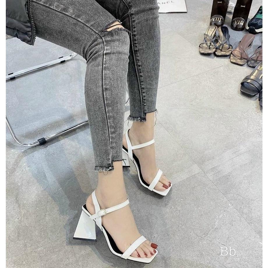 SANDAL DA BÓNG QUAI NGANG ĐEN TRẮNG GÓT TRỤ TO - 7P