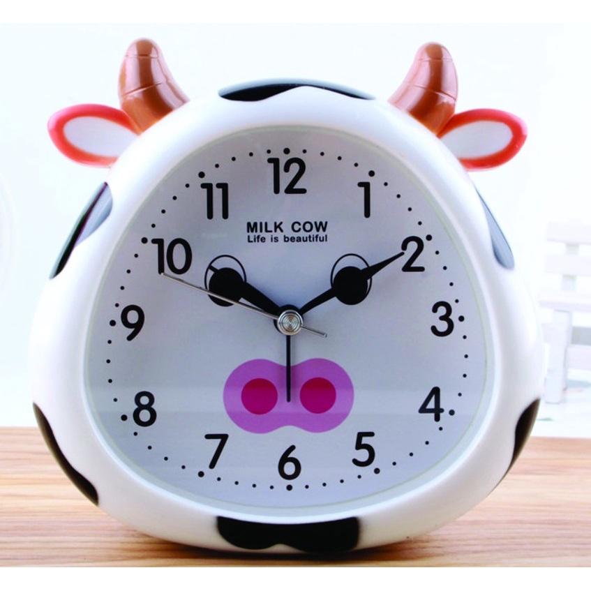 Đồng hồ báo thức họa tiết bò sữa, đồng hồ để bàn hoạt hình dễ thương trang trí sáng tạo cho bé