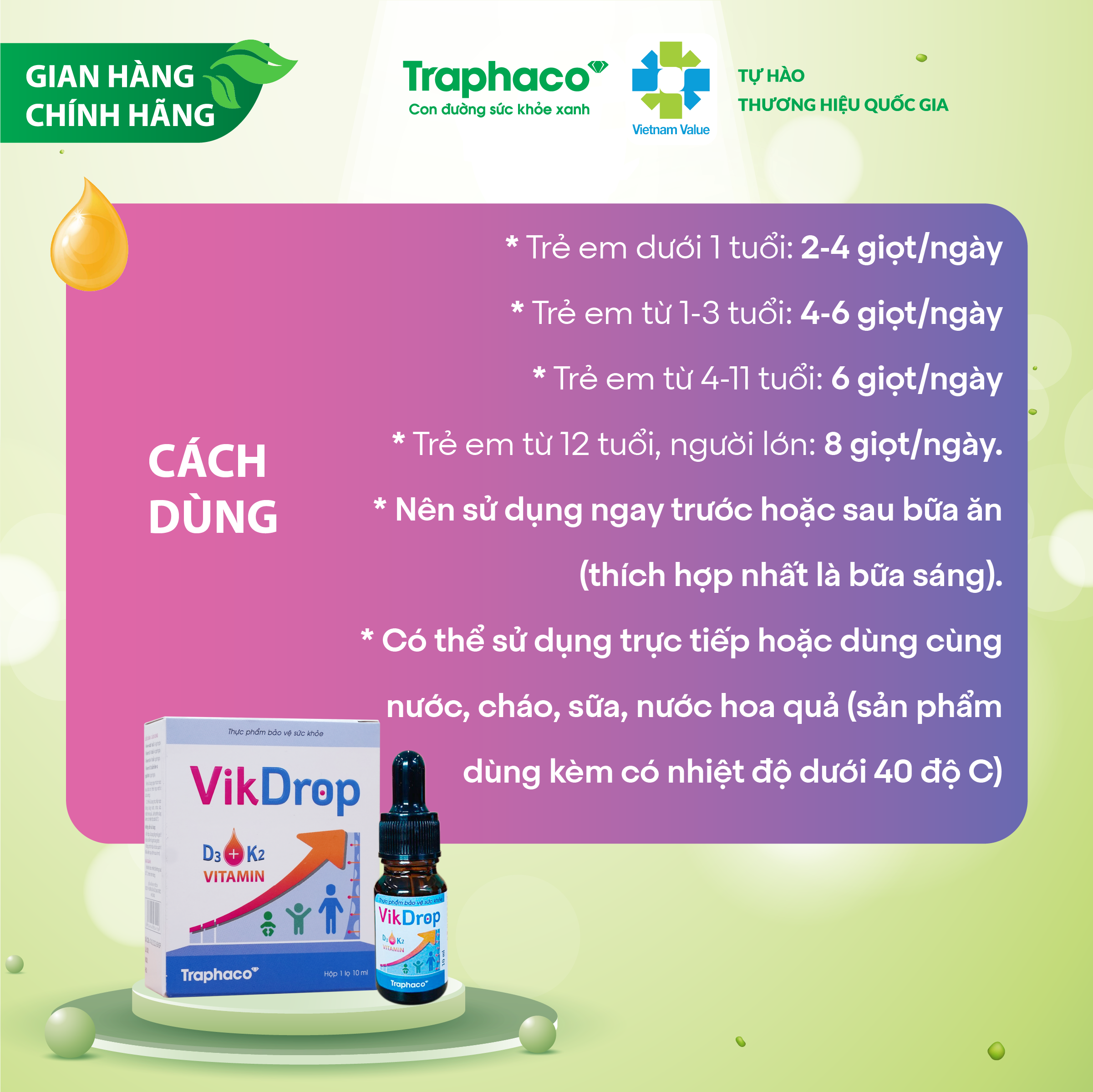 VIKDROP- TĂNG CƯỜNG HẤP THU CANXI, GIẢM NGUY CƠ CÒI XƯƠNG Ở TRẺ EM. HỘP 1 LỌ 10ml