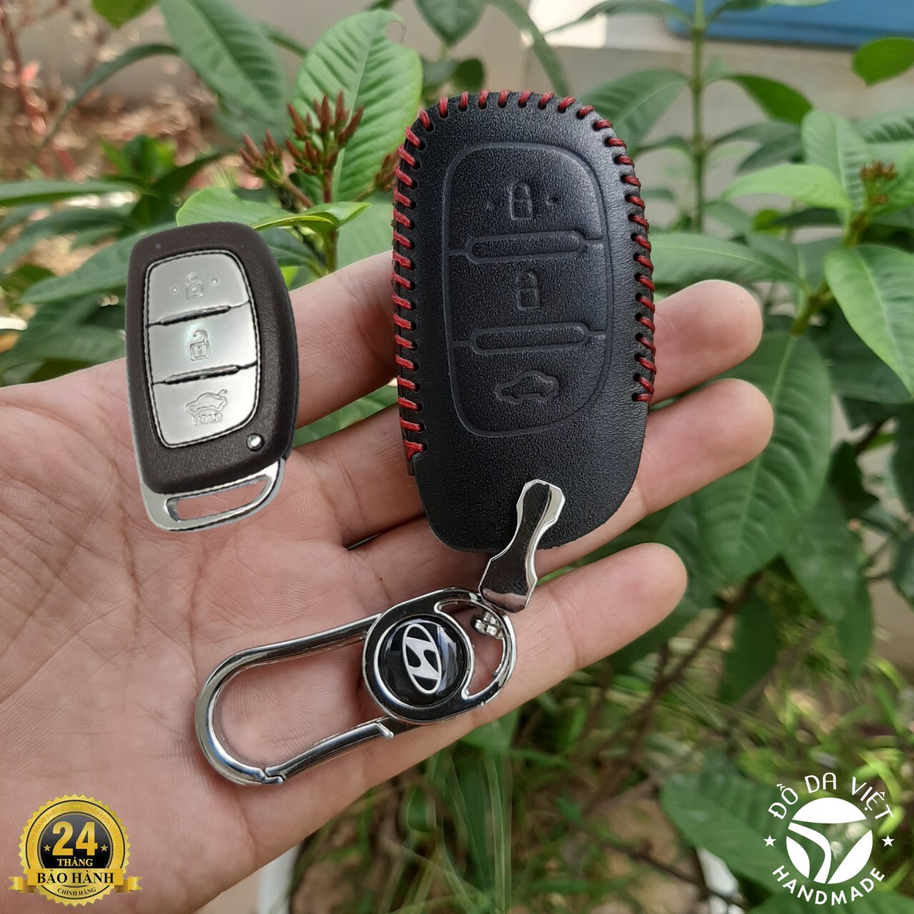 Bao Da Chìa Khóa HYUNDAI I10, elantra, tucson, I20; Chìa thông minh 3 NÚT. Da Bò Nhập Khẩu ITALIA, Bảo hành 24 tháng (móc khóa inox sang trọng)