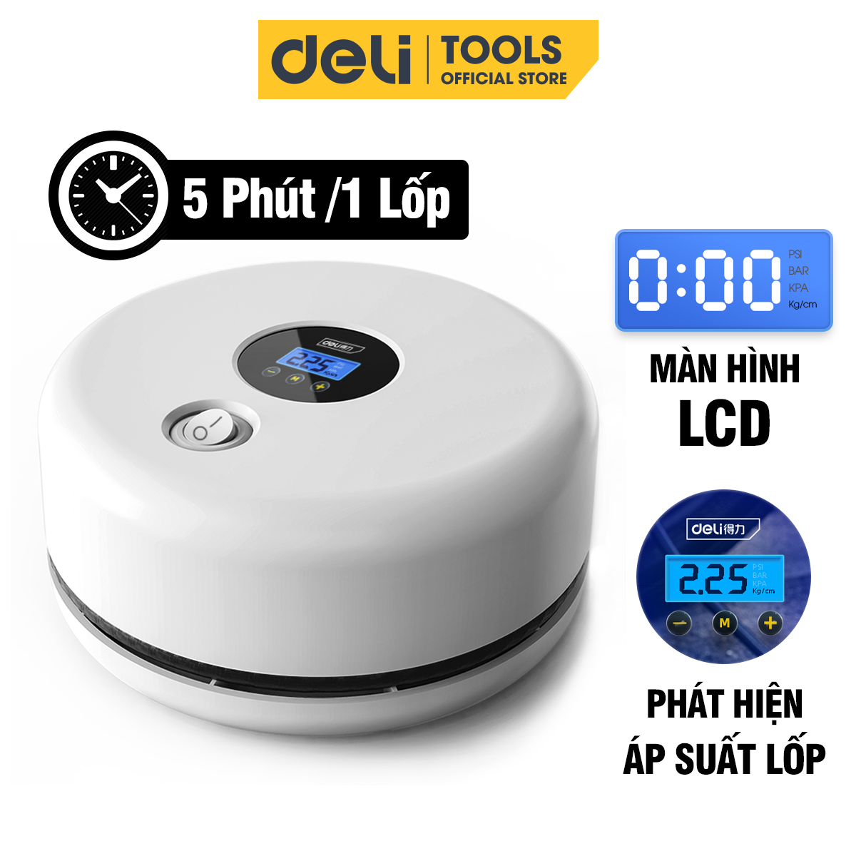 Máy Bơm Lốp Xe Ô Tô Deli Chính Hãng - Bơm Nhanh, Phát Hiện Áp Suất Lốp Thời Gian Thực, Màn Hình LCD - Nhỏ Gọn - DL880180