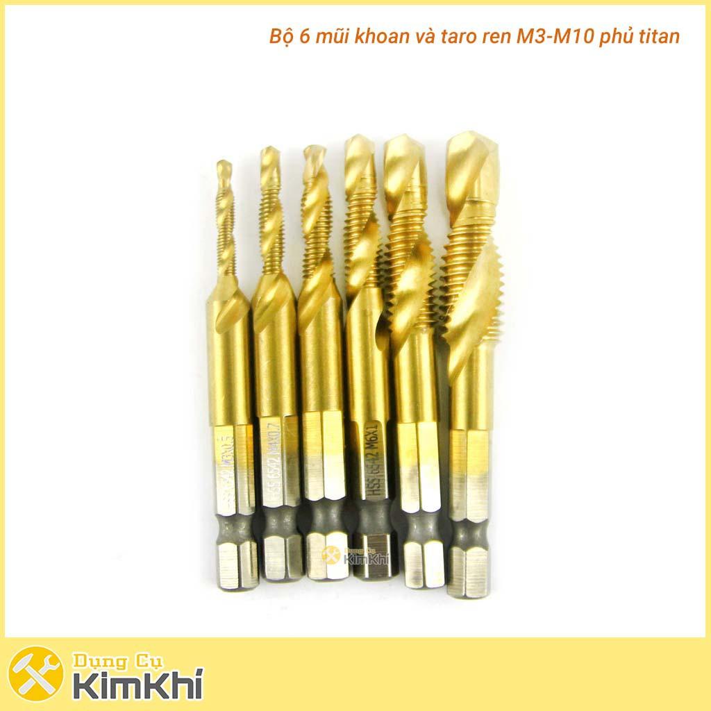 Bộ 6 mũi khoan Taro M3-M10 thép HSS 6542 phủ Titanium tạo ren inox, doa âm mũ vít