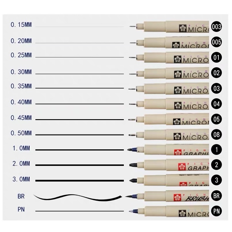 Bút line viền Micron set 13 cây đầy đủ các cỡ ngòi kèm túi vải đựng