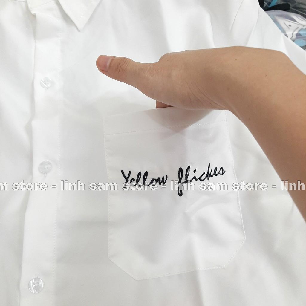 Áo sơ mi nữ cổ bẻ tay lỡ có túi dáng ulzzang freesize form rộng unisex thêu chữ YF - YELLOW FLICKER màu trắng