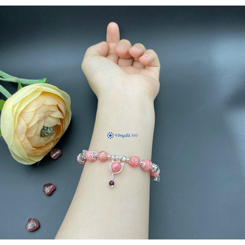 Vòng tay Phong Thuỷ Đá Đào Hoa 8mm mix charm bạc hồ ly - mẫu 02