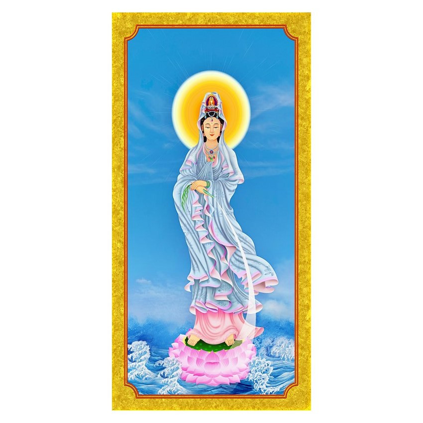 Tranh phật giáo trang trí nơi thờ cúng, mẫu quan thế âm đứng trên tọa sen, Tranh Phật Giáo Quan Âm 315