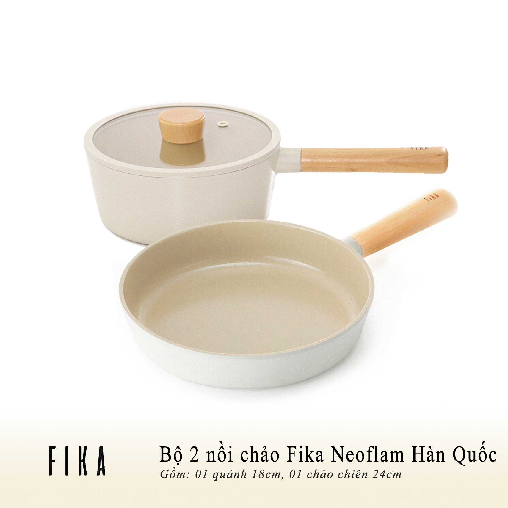 Bộ 2 nồi, chảo chống dính bếp từ FIKA NEOFLAM Hàn Quốc, Nồi sâu chống dính đế từ 18cm, cán dài, Chảo chiên chống dính đề từ 24cm.