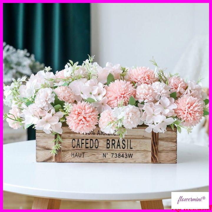 Hoa lụa, giỏ hoa bồ công anh mix cẩm tú cầu màu cực tây decor kệ tủ, phòng khách, văn phòng làm việc GH-12