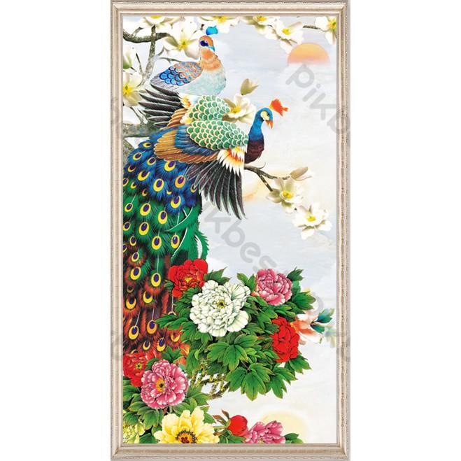 Tranh dán tường Hoa mẫu đơn và đôi chim công hạnh phúc, Tranh 3D dán tường hiện đại , MS 1119547