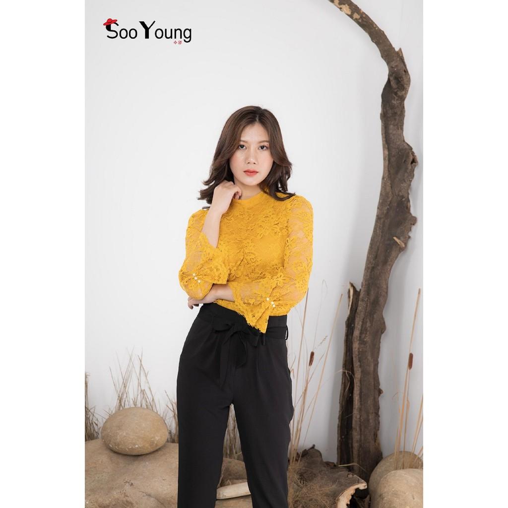 Áo sơ mi ren vàng cổ tàu tay sếp-Sooyoung