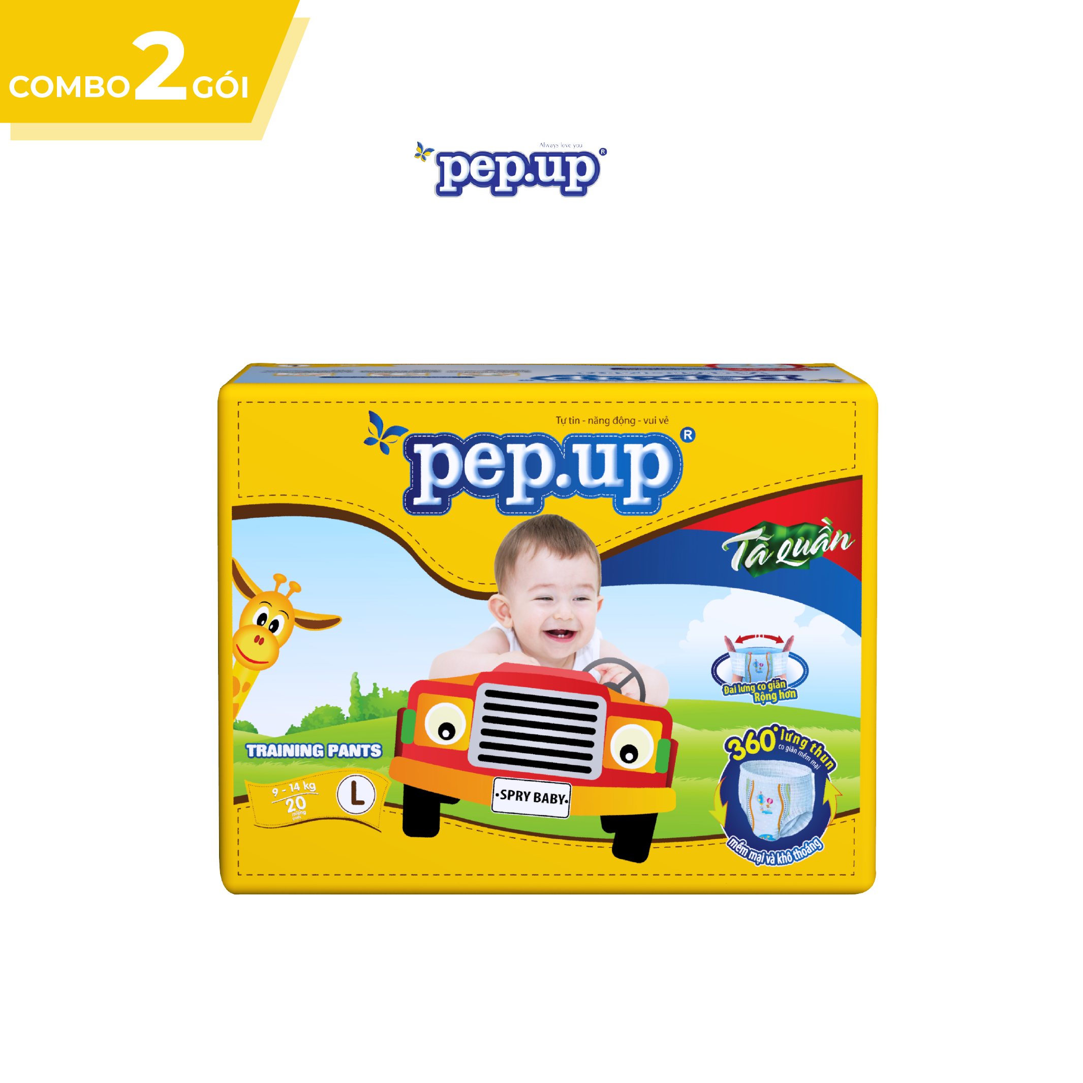 Combo 2 Gói Tã/Bỉm Quần Em Bé Pep.up Extra Dry Siêu Mềm Mại, Siêu Khô Thoáng, Kháng Khuẩn Size L (20 Miếng/Gói)