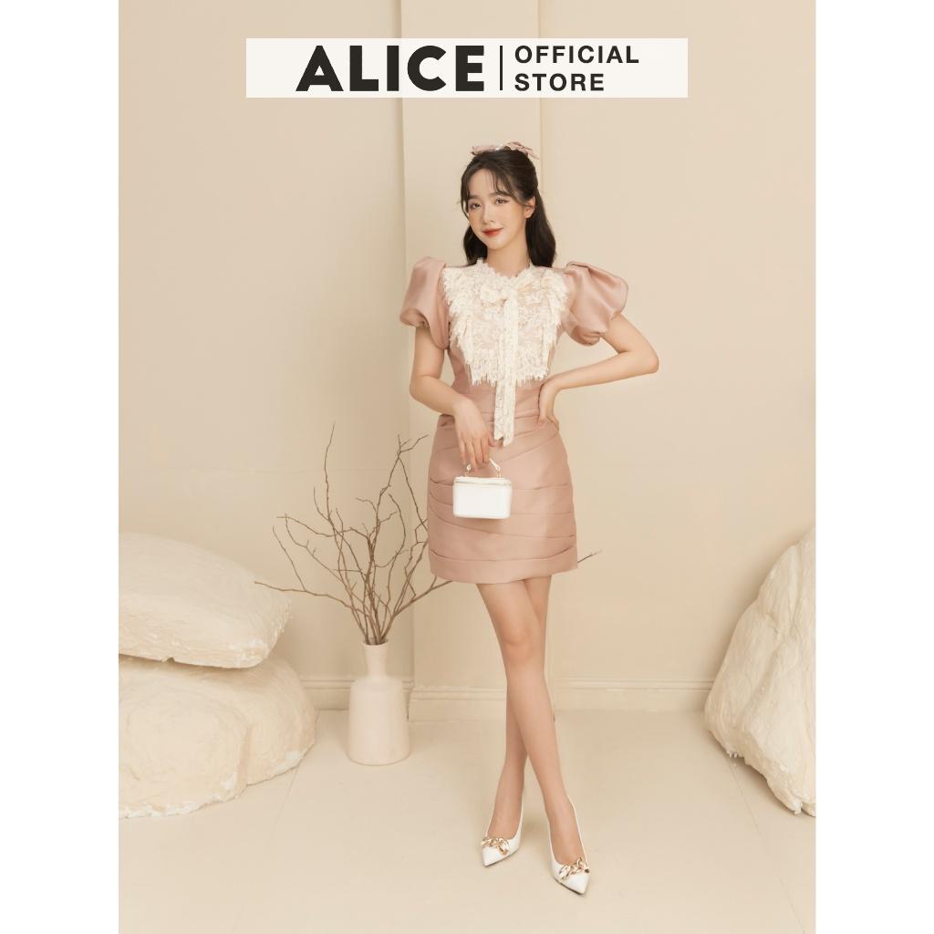 Váy Tiểu Thư Tafta Tay Bồng Cổ Phối Ren ALICE Thiết Kế Ôm Eo Tôn Dáng Phối Nơ Cổ V778