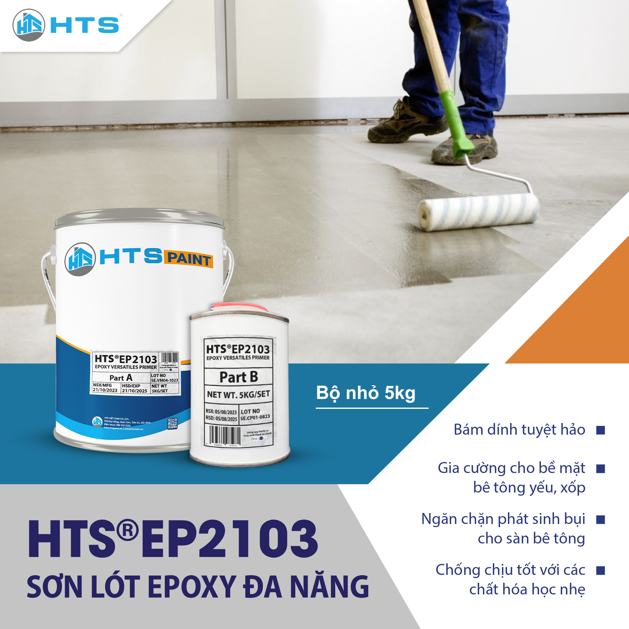 Sơn lót Epoxy Đa năng HTS EP2103 bộ nhỏ 5Kg - Bám dính cao, ngăn phát sinh bụi