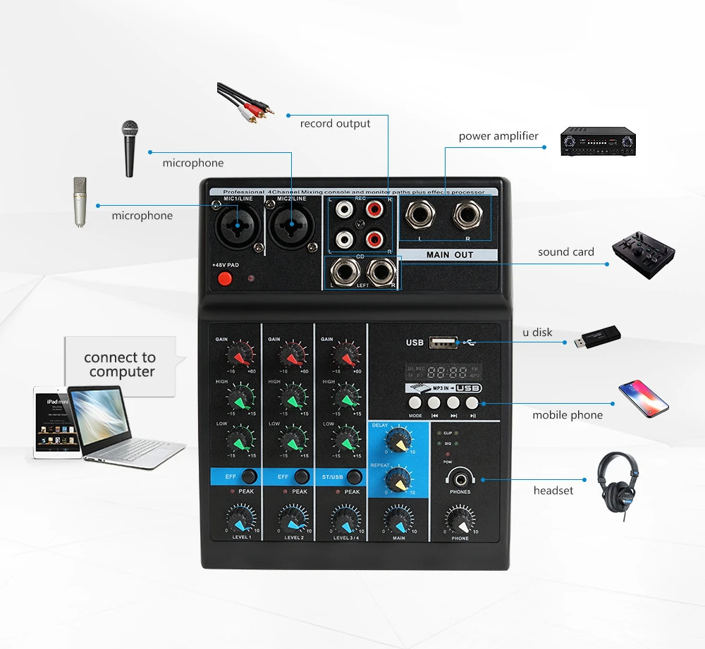 Bộ Mixer Âm Thanh F4-A Trộn Âm Thanh 4 Kênh Hỗ Trợ Bluetooth Hát Karaoke Chuyên Nghiệp PD
