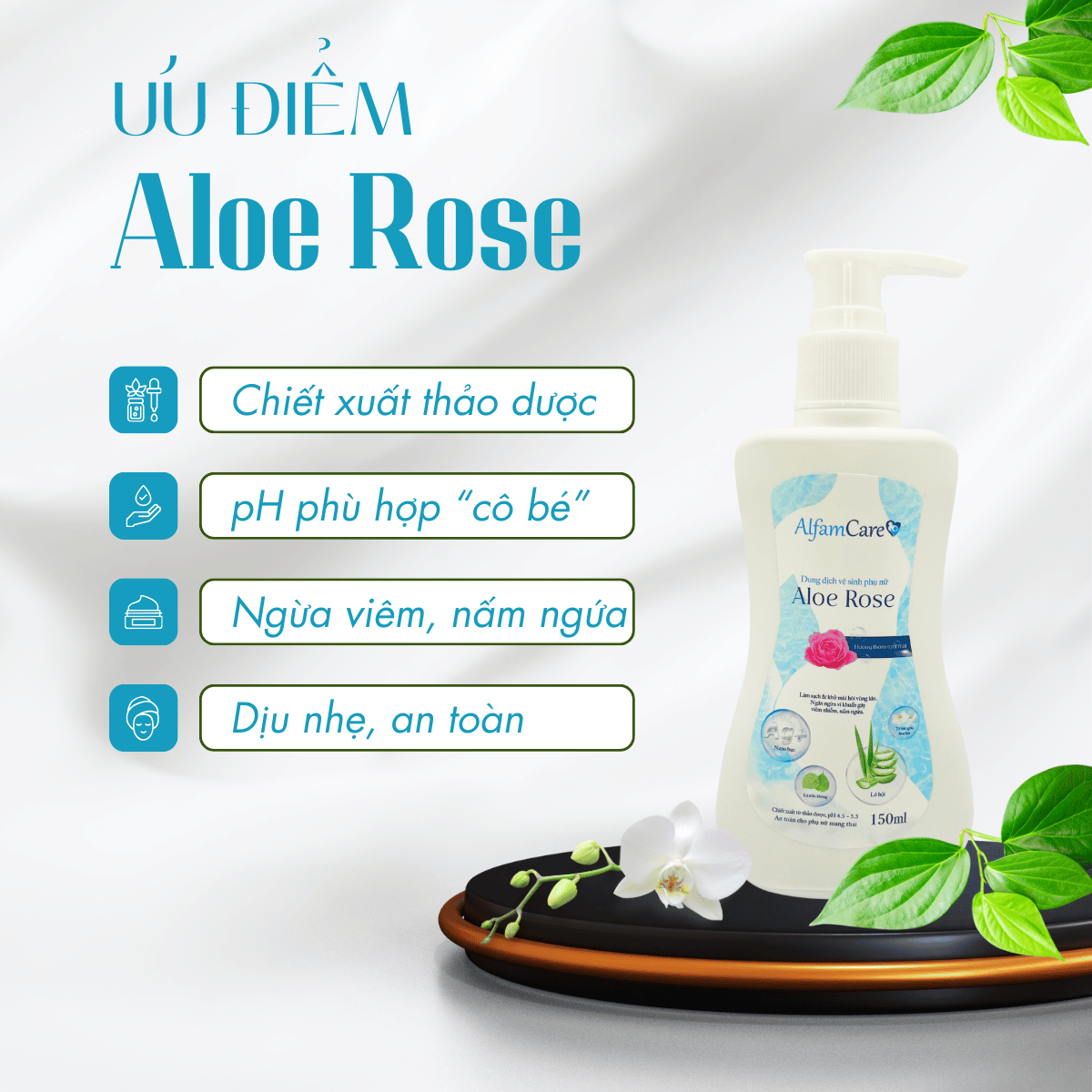 Dung Dịch Vệ Sinh Phụ Nữ Aloe Rose AlfamCare Hỗ Trợ Viêm Nhiễm Phụ Khoa, Nấm Ngứa Chai 150 ml