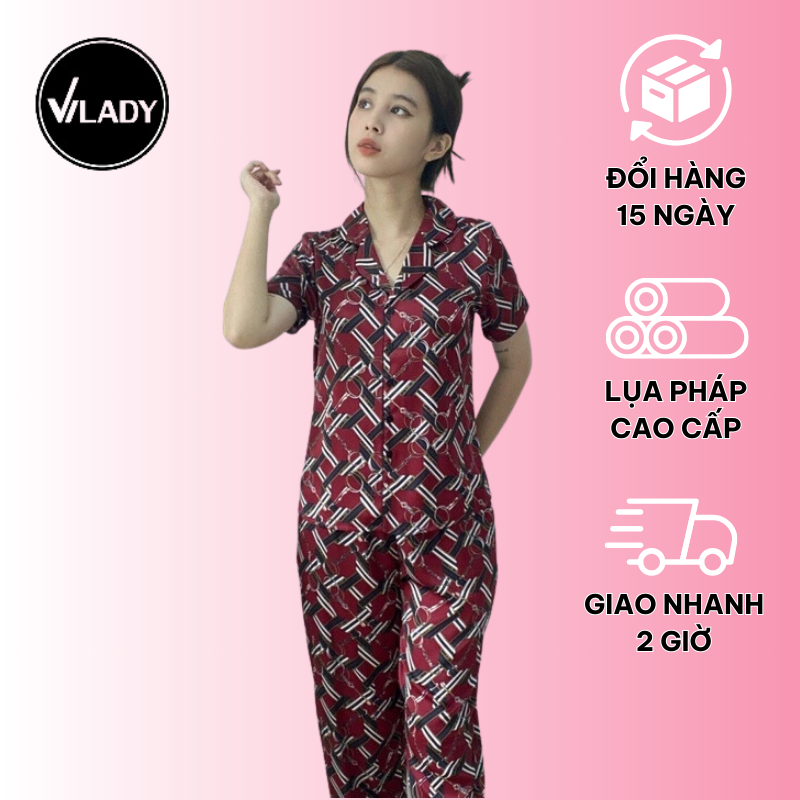 Bộ đồ Pyjama nữ, đồ mặc nhà lụa VILADY - B146 Quần Dài Tay Cộc Họa Tiết hình thoi, chất liệu lụa Pháp - Màu ĐỎ ĐÔ