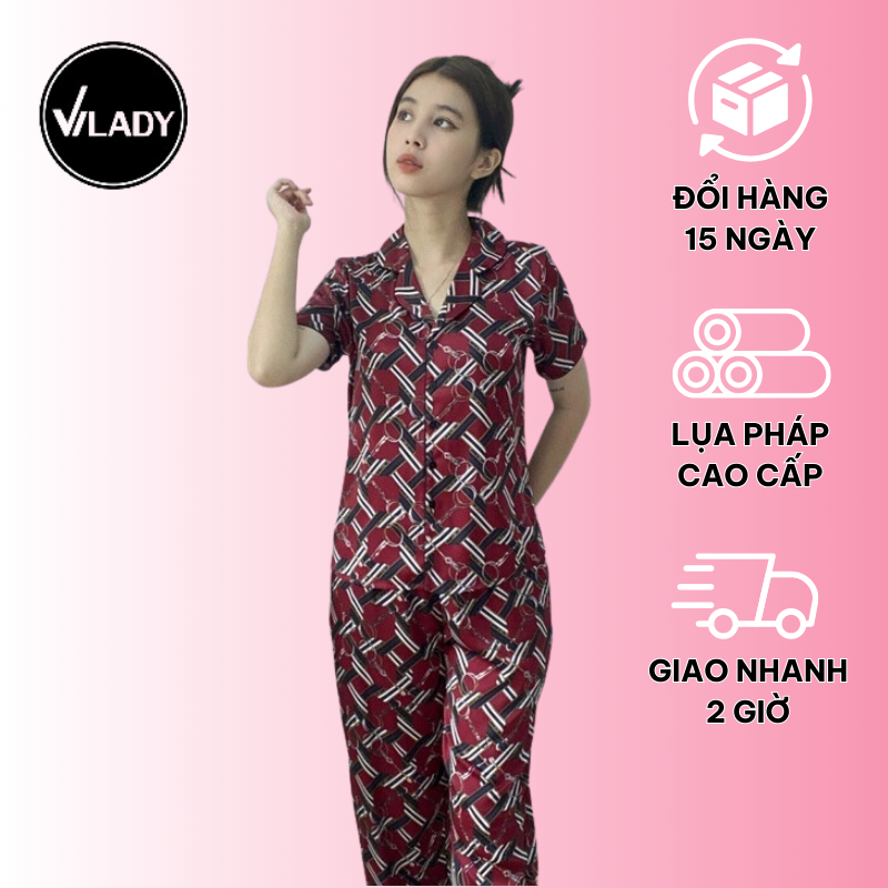 Bộ đồ Pyjama nữ, đồ mặc nhà lụa VILADY - B146 Quần Dài Tay Cộc Họa Tiết hình thoi, chất liệu lụa Pháp (lụa latin) - Màu ĐỎ ĐÔ