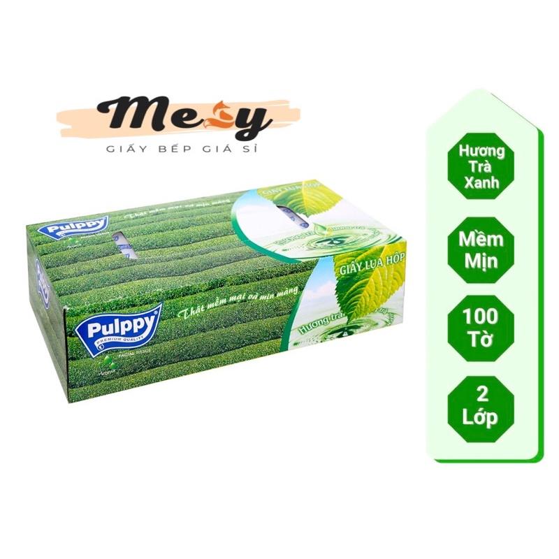 Khăn giấy hộp Pulppy trà xanh - Giấy lụa 100 tờ x2 lớp