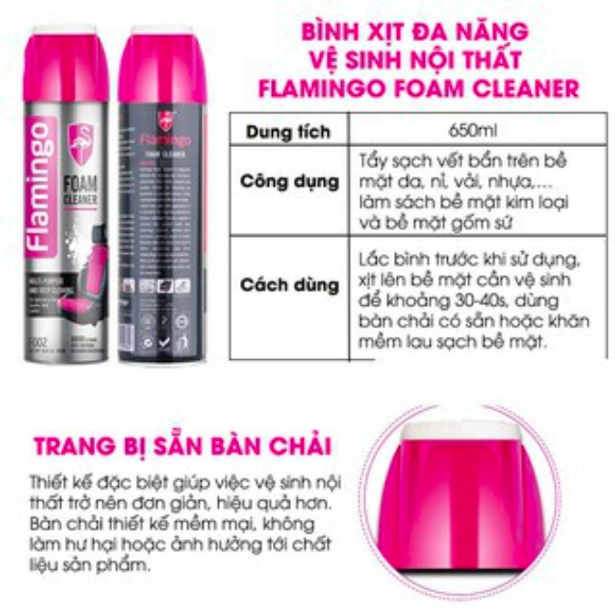 Bình xịt Flamingo F002 vệ sinh nội thất ô tô, vệ sinh ghế xe ô tô - Thể tích: 650 ml - Bình xịt đa năng vệ sinh nội thất ô tô