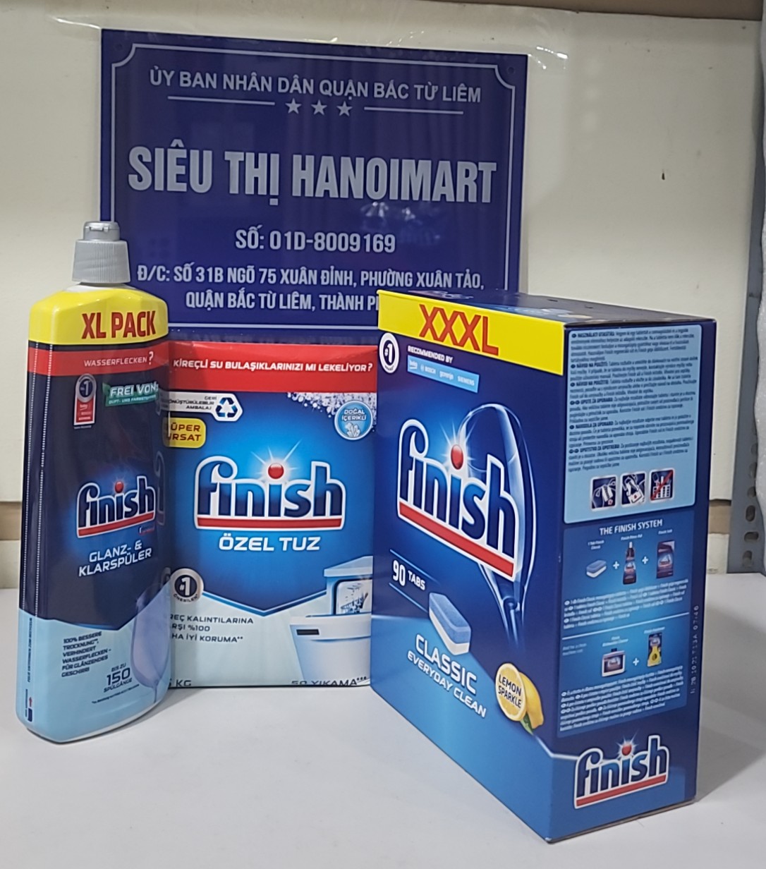 Combo Viên rửa bát Finish Classic 100 viên hương chanh + Muối Finish 1.5kg + Nước làm bóng Finish 750ml