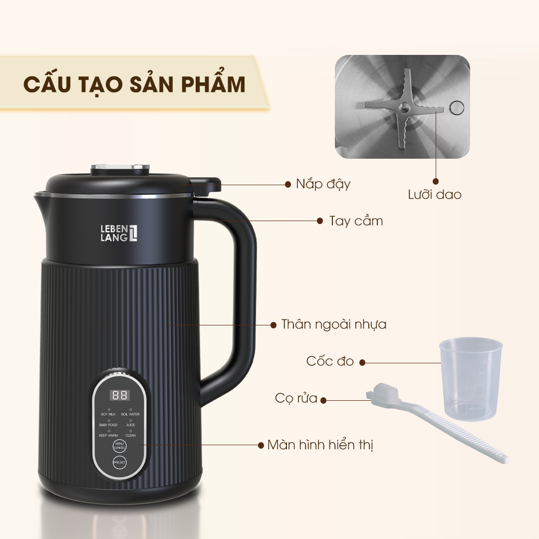 Máy làm sữa hạt đa năng Lebenlang LBL1589, làm sữa nhanh trong 25 phút, công suất 600W, dung tích 1L, bảo hành 2 năm - hàng chính hãng