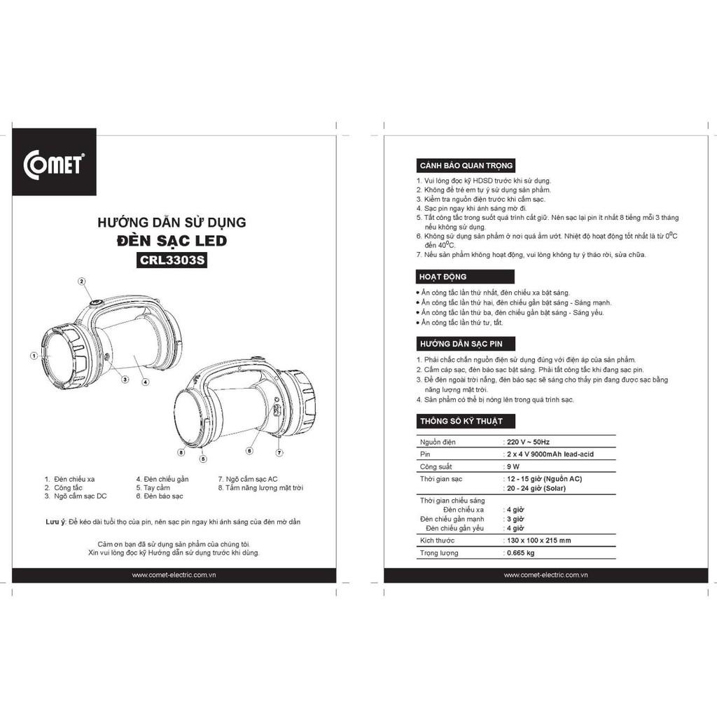 Đèn Sạc Led tích hợp tấm pin solar COMET CRL3303S 9W - Hàng chính hãng