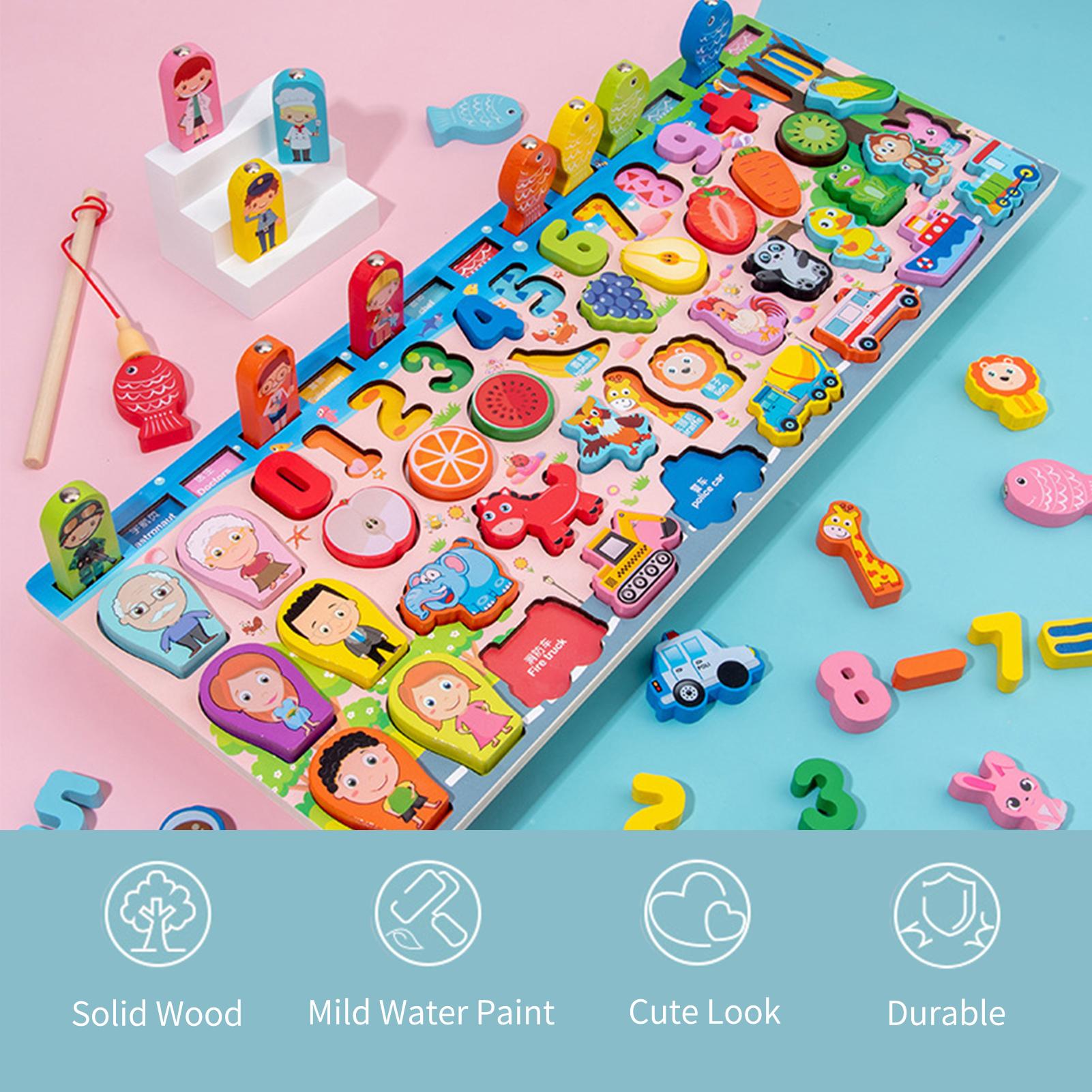 Wooden Number Puzzle Shape Sorter Counting & Matching Game Magnetic Fishing Game Logarithmic Board Montessori Toy for