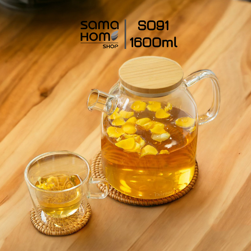 Ấm trà thủy tinh chịu nhiệt có lọc trà tại vòi S091 BIG SUMO - 1600ml - Bình lọc trà hoa thủy tinh chịu nóng lạnh dung tích lớn Nata Samahome