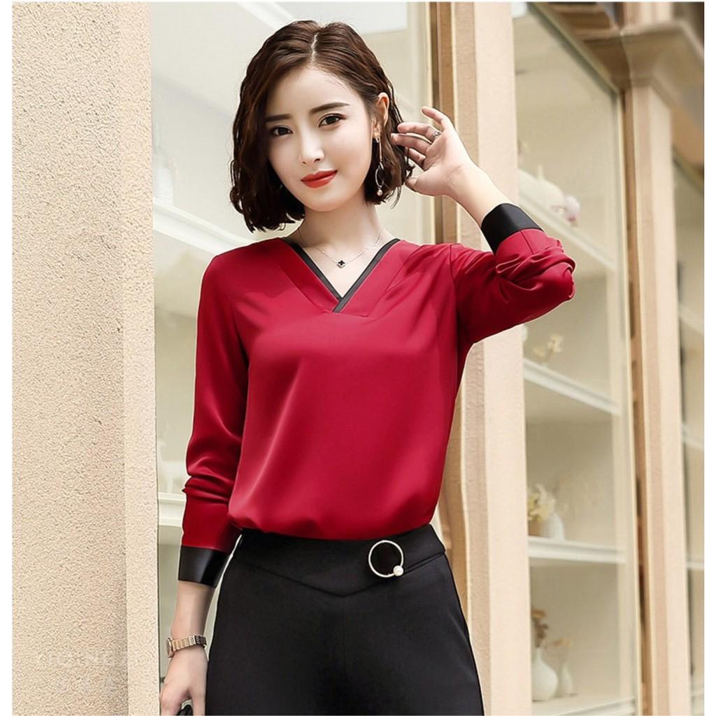 Áo sơ mi cổ v viền màu