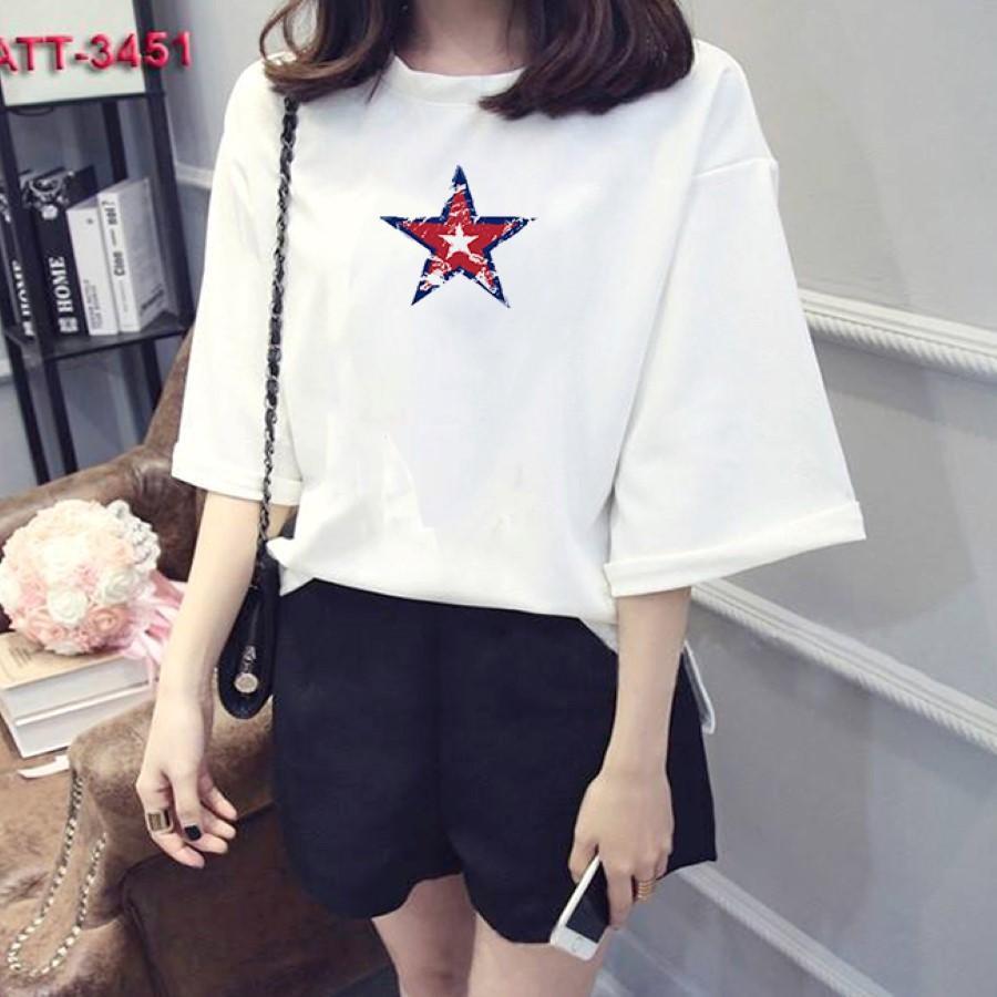 Áo thun nữ tay lỡ Hàn Quốc form rộng in hình ngôi sao 5 cánh vài dày mịn TEEWOTL5