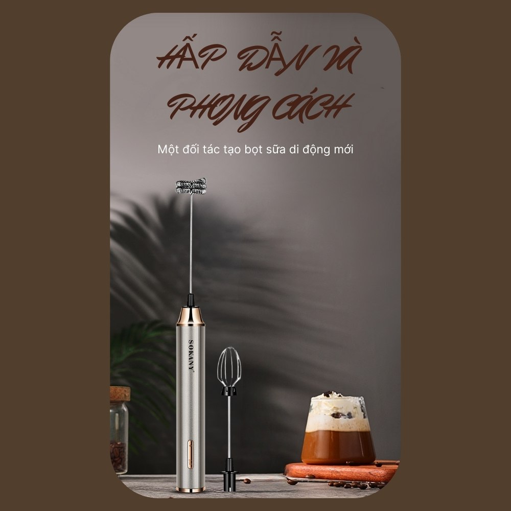 Máy đánh bọt cầm tay KHÔNG DÂY SOKANY SK02018 đa năng 2in 1, đánh trứng, tạo bọt, có sạc USB tiện lợi - HÀNG CHÍNH HÃNG