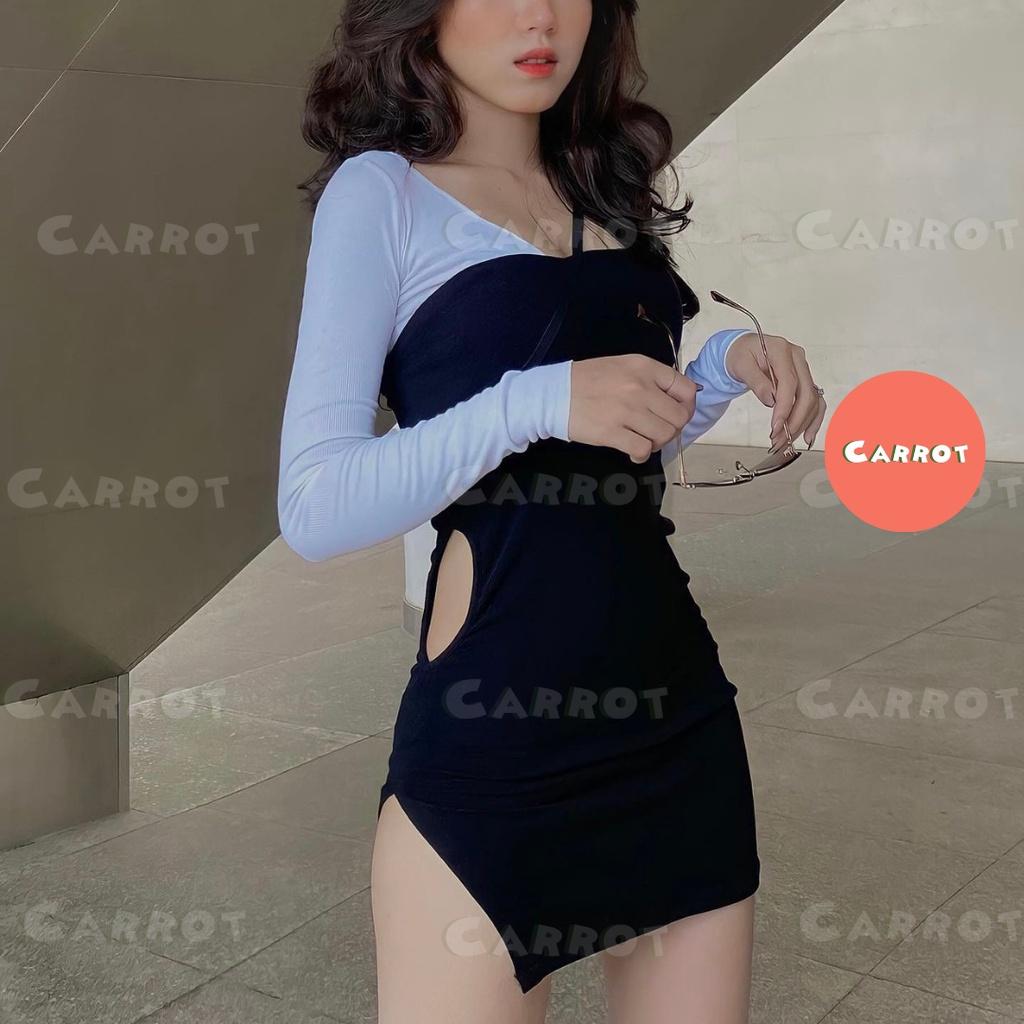 Đầm body sexy tay dài carrotxinhdep váy ôm eo ôm ngực màu đen ngắn dự tiệc chất thun gân co giãn tặng kèm áo trắng (106)