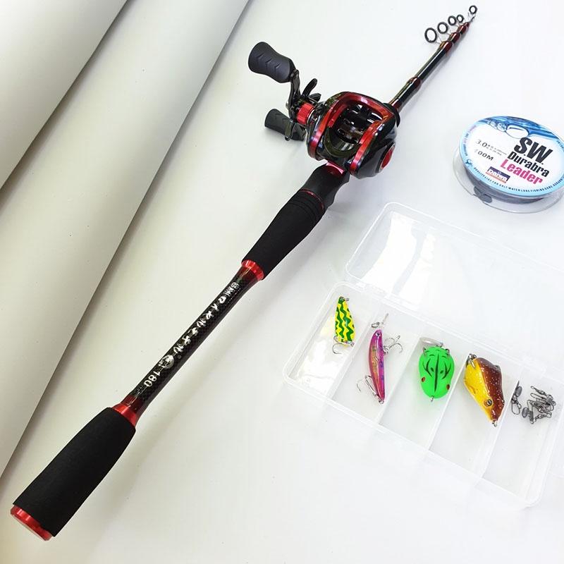 Bộ cần câu lure máy ngang rút gọn 60cm chất liệu carbon độ dài 1m8 - 2m1 - 2m4 kèm máy ngang và hộp mồi lure B-CM9