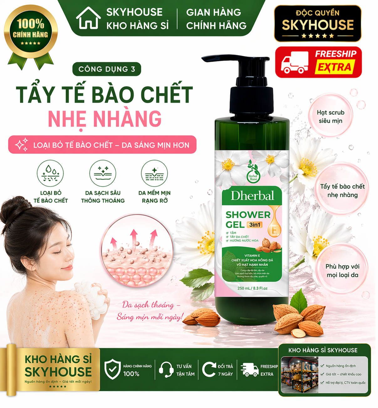 Sữa tắm trắng da 3in1 thiên nhiên độc quyền DHERBAL chai 250ml sữa tắm dưỡng ẩm thơm lâu chính hãng