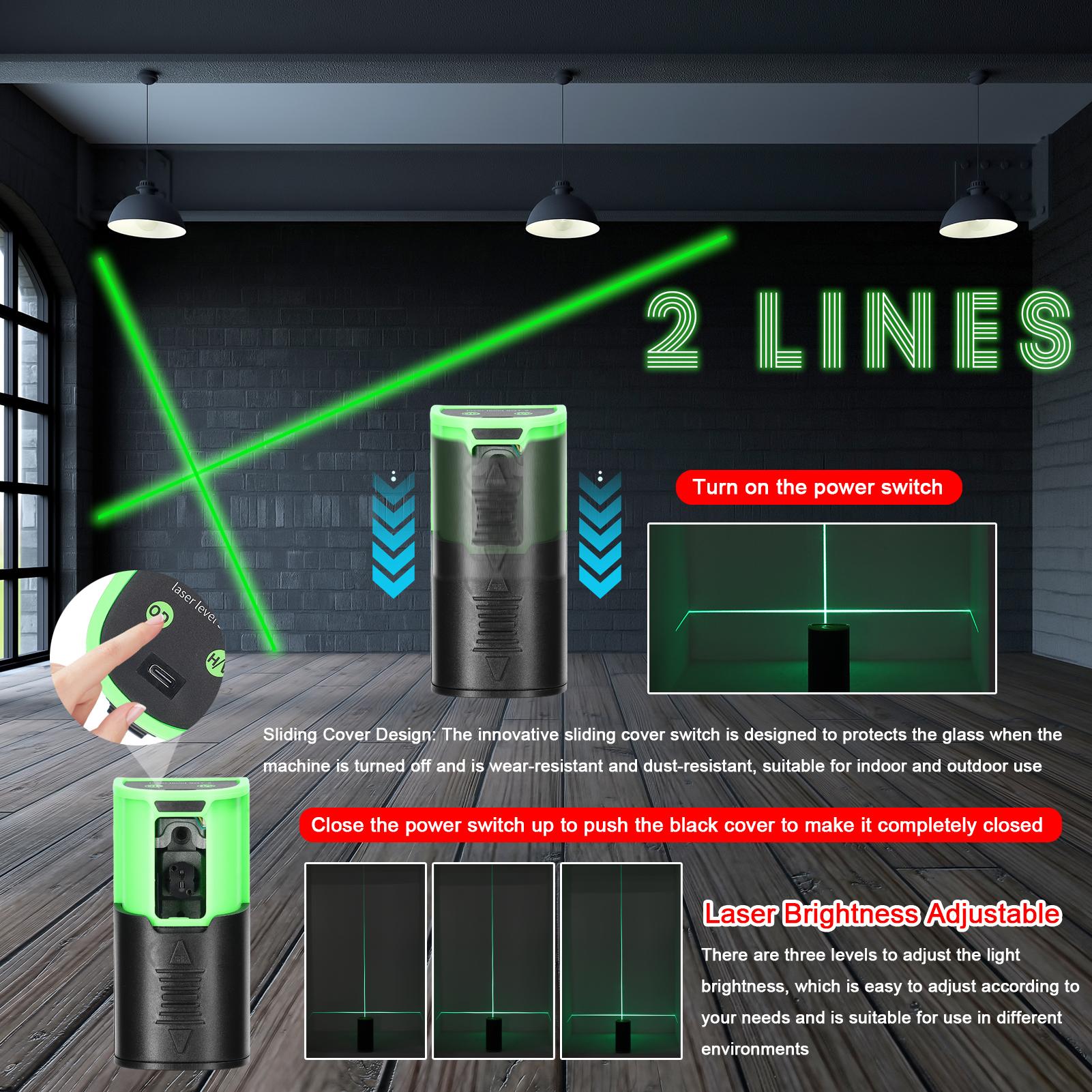 Single-Module Rechargeable Level Machine Mini Green Light 2 Lines Laser Level Home Multifunctional Level Meter Three Levels of Laser Light Brightness Adjustable with Anti-Drop Slide Cover Switch and Level Bubble