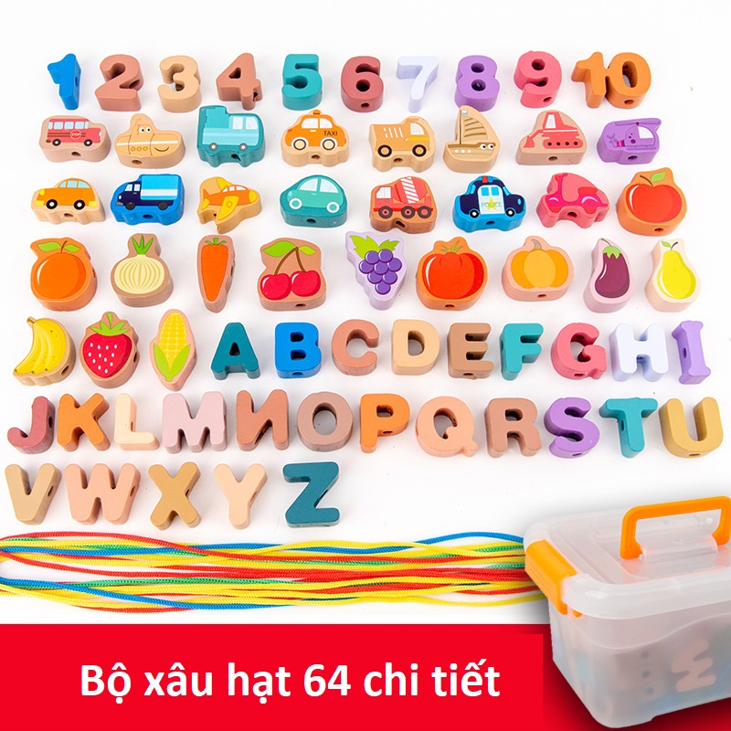 Đồ chơi xâu hạt gỗ 64 chi tiết nhiều chủ đề cho bé phát triển kỹ năng tư duy khéo léo - Đồ chơi thông minh cho bé