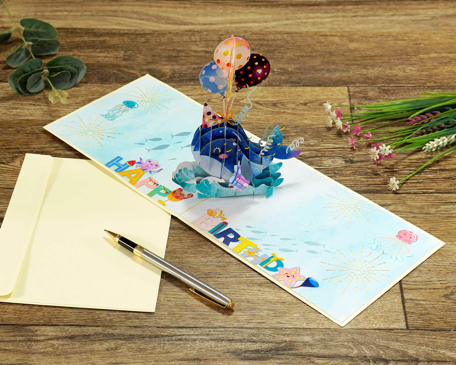 Thiệp 3D Pop Up Cá Voi &amp; Bong Bóng Sinh Nhật – Thiệp Chúc Mừng Sinh Nhật Dễ Thương, Độc Đáo, B24