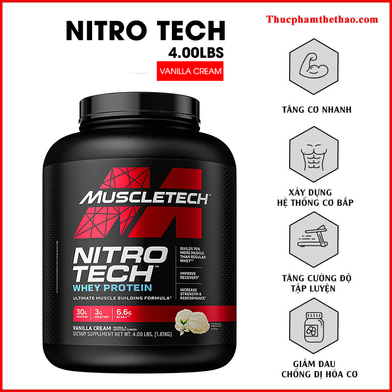 Sữa WHEY PROTEIN Tăng Cơ Tăng sức mạnh Nitro Tech 4lbs (1.81kg) - NHIỀU MÙI VỊ - KÈM QUÀ TẶNG – Bổ sung nguồn Protein chất lượng cao hỗ trợ phát triển cơ bắp to + dày - Hàng chính hãng - Thương hiệu Muscletech USA