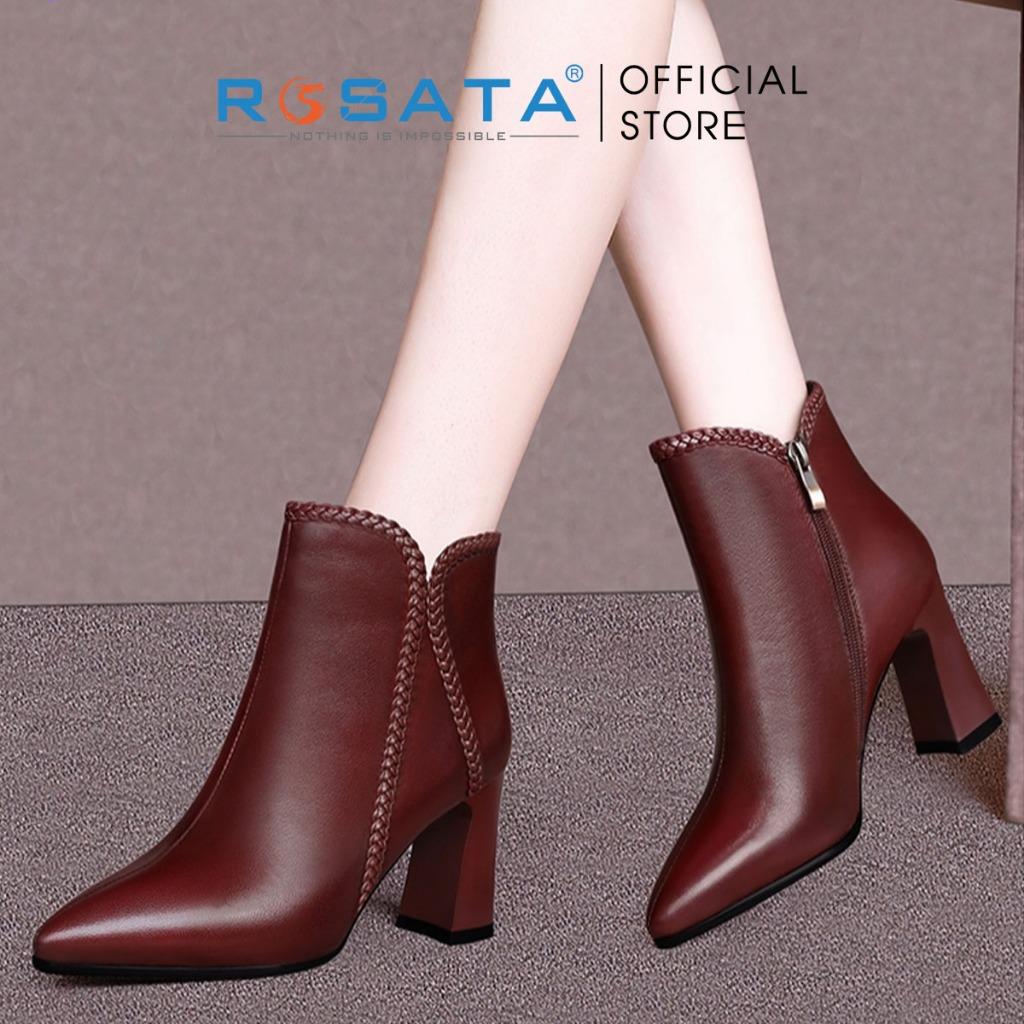 Giày boot nữ cổ cao đế vuông 8 phân mũi nhọn êm chân khóa kéo ROSATA RO602 ( BẢO HÀNH 12 THÁNG )
