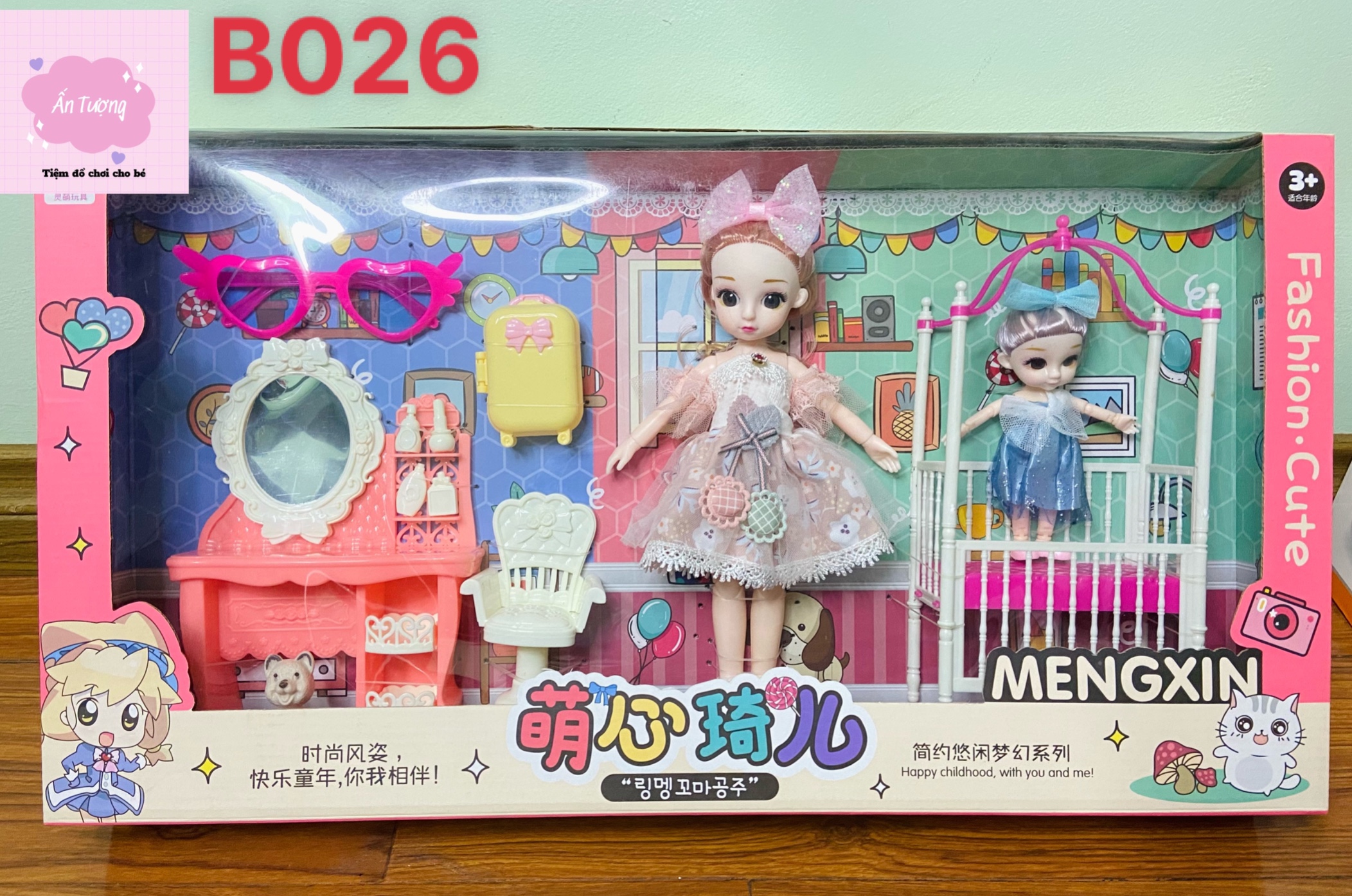 Đồ chơi bé gái - Đồ chơi búp bê- Set 2 em búp bê Barbie, búp bê BJD khớp xoay kèm phụ kiện giường, ghế, bàn trang điểm