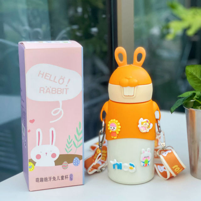 Bình giữ nhiệt có ống hút 500 ml cho bé uống nước hình tai thỏ cute kèm charm và dây đeo, quà tặng sinh nhật cho bé