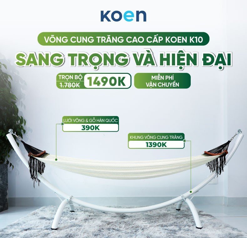 Võng cung trăng koen màu trắng xếp gọn với khung sơn tĩnh điện cao cấp